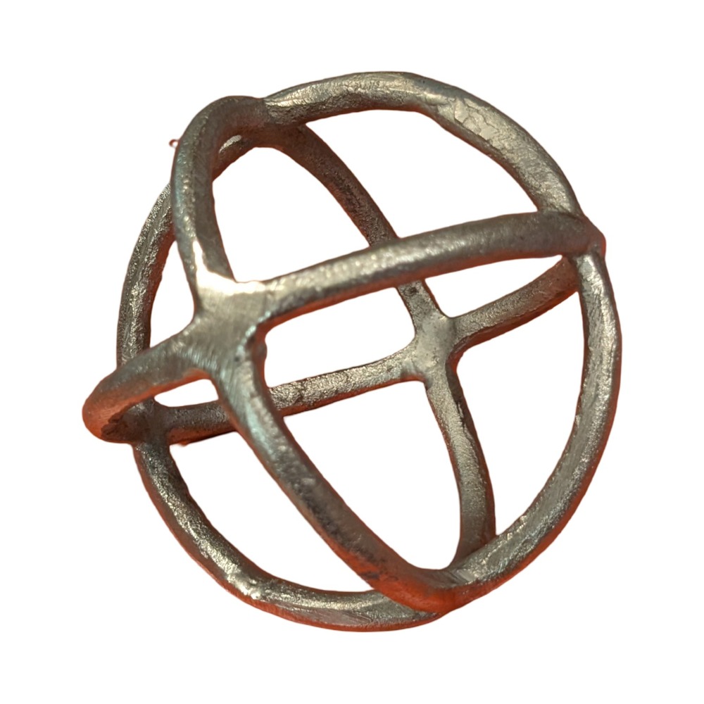 Silver Cast Metal Orb Sculpture Abstract Geometric Industrial Decor 4.5 Inch